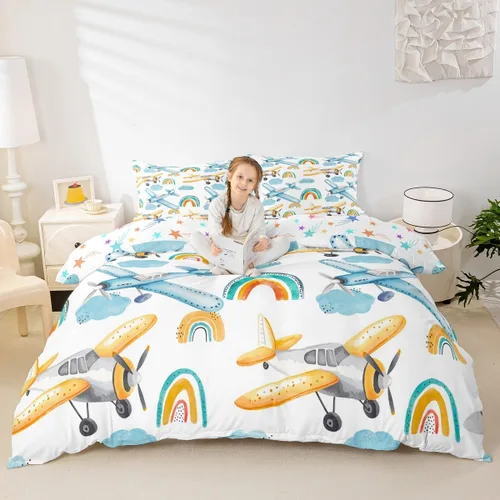 Miniatura 4 de Erosebridal Funda de edredón de avión tamaño individual, juego de ropa de cama de aviones de dibujos animados para adolescentes, color verde azulado