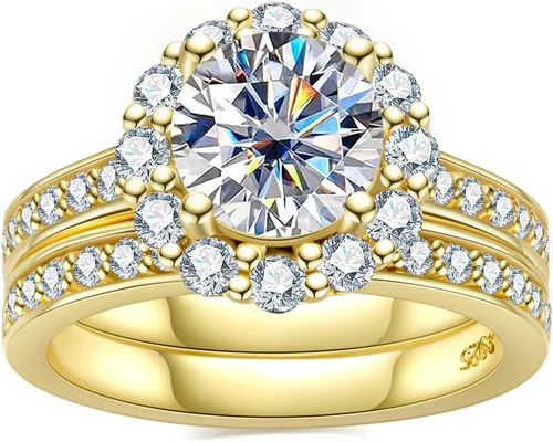 Idocare Juego de anillos de boda de moissanita 3CT D Color VVS1, corte redondo, chapado en oro amarillo de 14 quilates, plata de ley 925 para mujer
