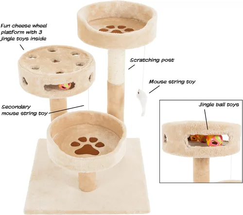 Miniatura 3 de Árbol para gatos - Condo de torre alta de 3 niveles con 2 posaderos para dormir, poste de rascador de cuerda de sisal, ratón colgante y juguete