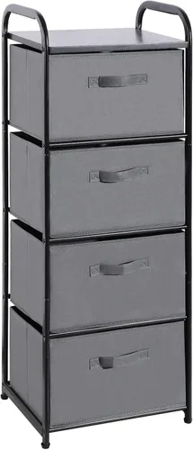 MAX Houser Cómoda de tela de 4 cajones para almacenamiento, cómoda con parte superior de madera, mesita de noche vertical con marco de metal para