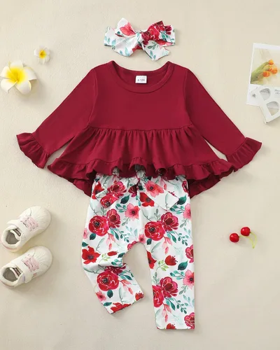 Miniatura 91 de Kucnuzki Conjunto de ropa para bebé niña pequeña, camisa de manga con volantes, pantalón floral, ropa de otoño e invierno para niña