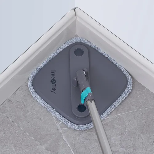 Miniatura 6 de Trapeador giratorio y cubo con compartimentos separados para agua limpia y sucia, versión mejorada 2025 con cepillo lateral y mango de pie, Gris