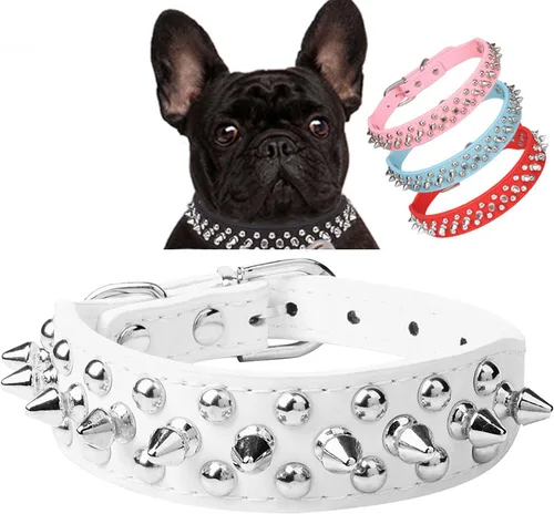 Serijoars Collar para perro con pinchos, de piel sintética suave con remaches, tachonado con clavos, ajustable, para cachorros (XS, Blanco)