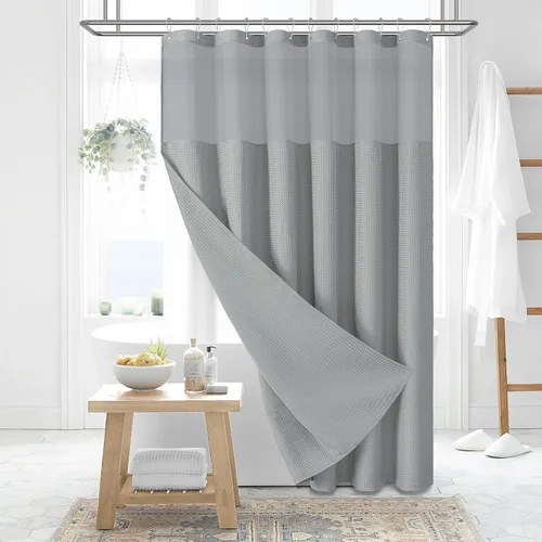 Miniatura 40 de Dynamene cortina de ducha de lino burdeos - cortinas de tela de nido de abeja texturizadas y resistentes para baño, 256GSM, juego de cortinas