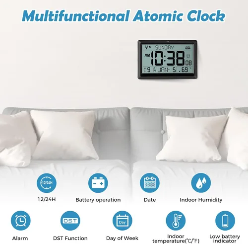 Miniatura 2 de Amgico Reloj de pared digital, reloj atómico de pantalla grande de 10.5", funciona con pilas, ajuste automático de calendario digital