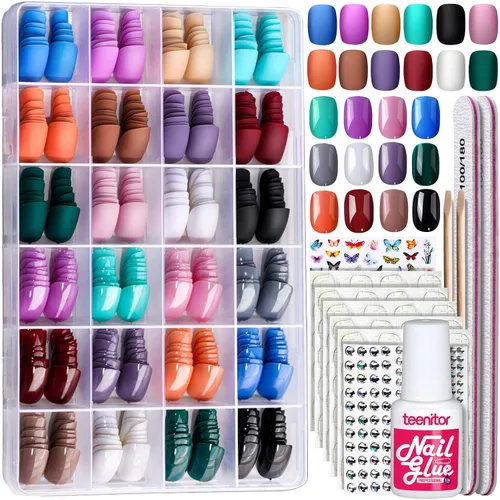 Teenitor 24 paquetes de uñas postizas cortas a presión, 576 piezas de uñas postizas redondas a presión, uñas postizas cortas mate y brillantes con