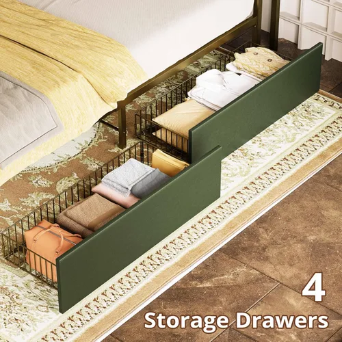 Miniatura 5 de LIKIMIO Armazón de cama Queen con 4 cajones de almacenamiento, cama de plataforma con cabecera con carga, resistente y estable, sin ruido, no Verde