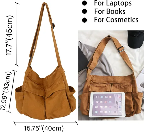 Miniatura 6 de KlaOYer Bolso bandolera de lona grande tipo hobo para la escuela, bolso bandolera con bolsillo para mujeres y hombres