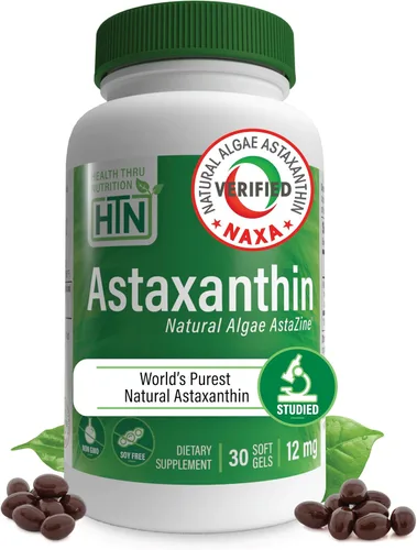 Health Thru Nutrition Astaxantina Triple Strength 12mg Suplemento 30 cápsulas blandas | AstaZine de algas cultivadas orgánicamente en agua prístina