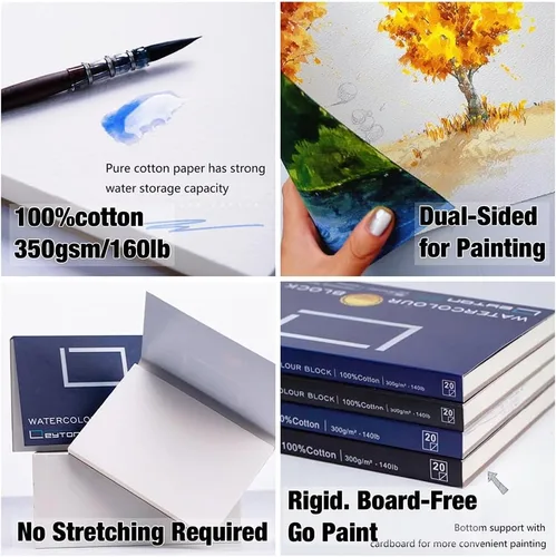 Miniatura 5 de Bloque de papel para acuarela 100% de algodón sin deformación - 20 hojas de 160 lb/350 gsm de papel prensado en caliente para suministros de arte