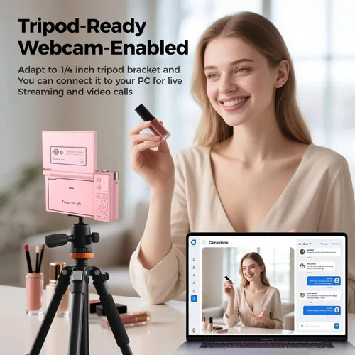 Miniatura 6 de Cámara digital 4K rosa para niñas y adolescentes: cámara de vlogging de 64 MP con pantalla abatible, zoom de 16X, bonita cámara compacta