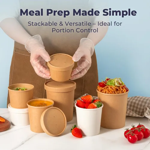 Miniatura 6 de Fit Meal Prep Paquete de 250 recipientes de sopa de papel kraft de 8 onzas con tapa ventilada, vasos de papel caliente o frío, recipiente