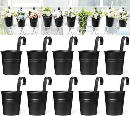 Miniatura 10 de Dahey 10 macetas colgantes de metal y hierro para barandilla, balcón, jardín, decoración del hogar, soportes para flores con ganchos desmontables