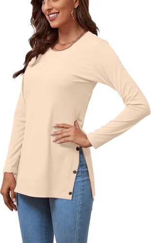 Miniatura 3 de LYANER Blusa de manga larga con cuello redondo y abertura lateral para mujer