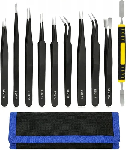 Rackii Juego de pinzas de precisión de 10 piezas, seguro ESD, antiestático, antimagnético, de acero inoxidable, con bolsa de almacenamiento y