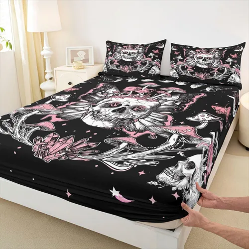 Miniatura 11 de Erosebridal Sábanas de cama de polilla de la muerte, sábana bajera ajustable de calavera gótica, tamaño individual, sábanas florales de flores