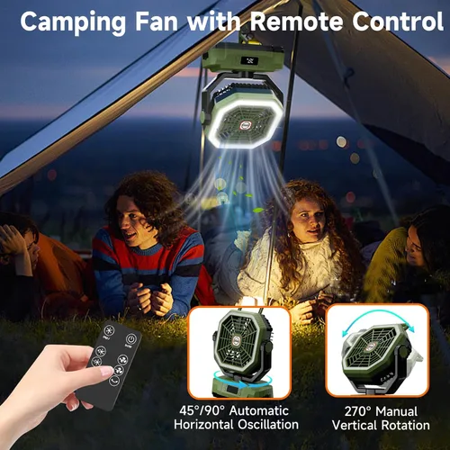 Miniatura 4 de Sireck Ventilador de camping recargable portátil de 10.8 pulgadas, verde Funciona con batería de 40000 mAh, luz LED, pantalla digital