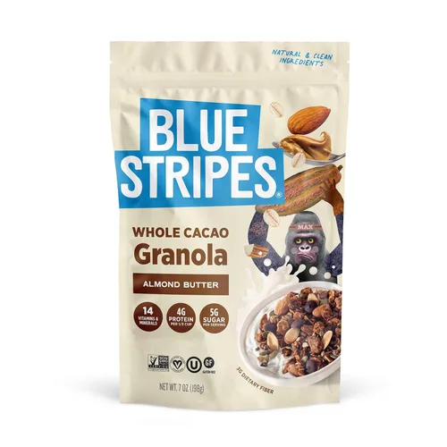 Miniatura 7 de Blue Stripes Granola de cacao entero con mantequilla de maní y plátano, 8 onzas
