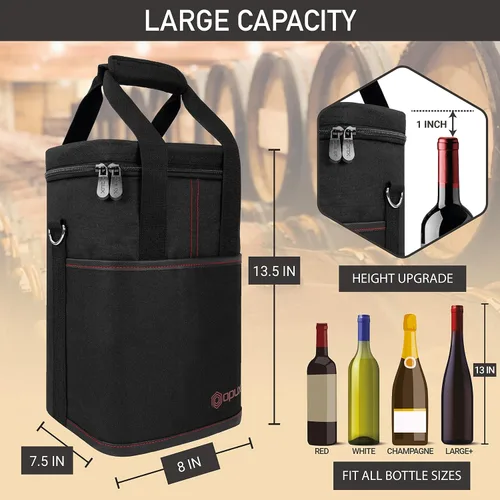 Miniatura 3 de Opux Bolsa térmica de vino con aislamiento para 4 botellas, a prueba de fugas, portátil, para viajes, picnic, regalo BYOB (negro)
