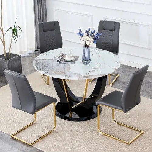Miniatura 18 de JUFU Juego de mesa de comedor redonda para 4, mesa de comedor de 48 pulgadas con mesa de mármol sintético y 4 sillas tapizadas, moderno juego