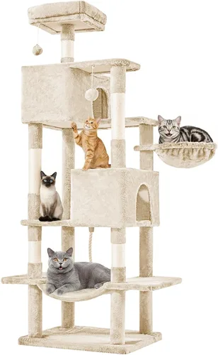 Miniatura 15 de DUMOS Torre grande de árbol para gatos de 66 pulgadas, torre alta de escalada para gatos de varios niveles con postes rascadores de sisal natural