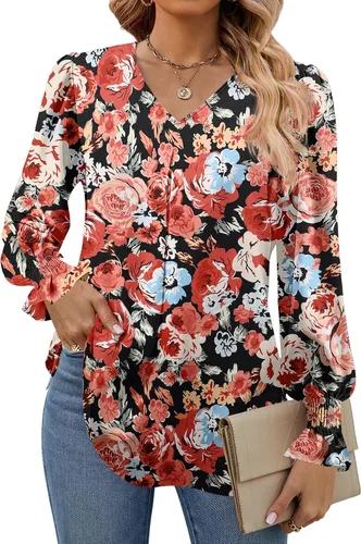 Miniatura 11 de Funlingo Blusas de mujer con mangas largas 2025, elegantes y casuales, con cuello en V, túnica suelta de gasa para el trabajo