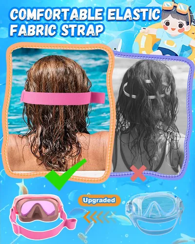 Miniatura 4 de Gafas de natación para niños con correa de tela para niños de 3 a 15 años, gafas de natación a prueba de fugas con cubierta nasal, vista clara