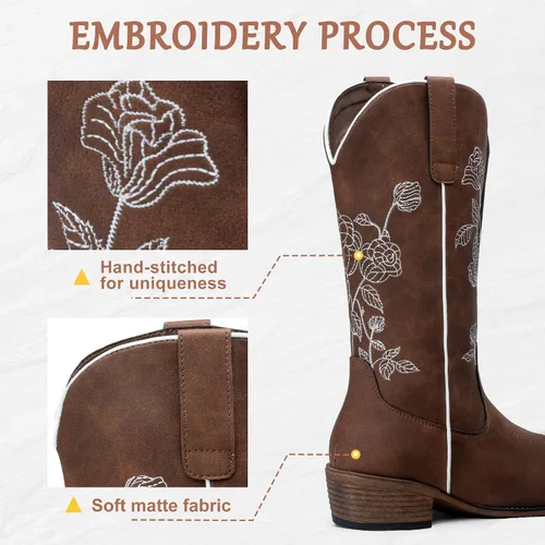 Miniatura 3 de Jeossy Botas vaqueras a media pantorrilla con bordado de flores, tacón bajo, botas vaqueras occidentales 9807 para mujer