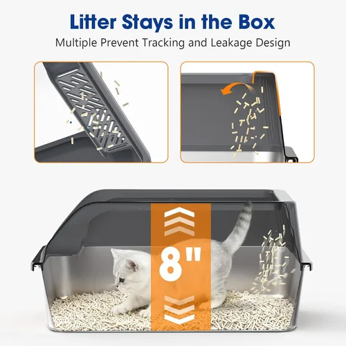 Miniatura 3 de Pequeña caja de arena de acero inoxidable con tapa para gatitos, cajas de arena de metal para gatos y conejos cerradas de alta cara para gatos