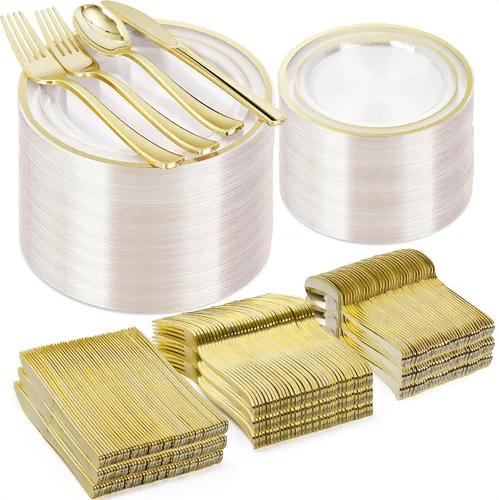 BESTVIP Juego de 600 platos de plástico dorado transparente (para 100 invitados), platos de plástico para fiesta, boda, cumpleaños, juego de vajilla