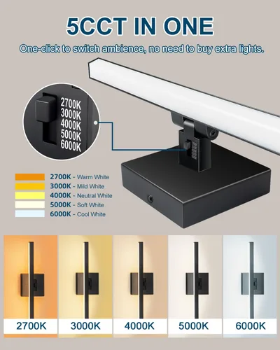 Miniatura 5 de Aosclex Luces de baño de 16 pulgadas sobre el espejo, giratorias, 12 W, 1080 lúmenes, 5CCT, ajustables (2700 K a 6000 K), lámparas LED regulables