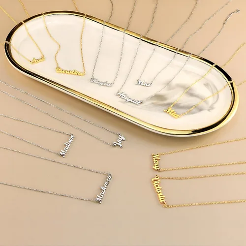 Miniatura 4 de SANNYRA Collar con nombre personalizado chapado en oro real de 18 quilates con placa de nombre, regalo de joyería para mujeres y niñas