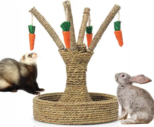 Rascador de hurón, conejito de árbol, juguetes para masticar, gato, ratán, césped, trepador, árbol divertido, zanahoria, juguetes para animales