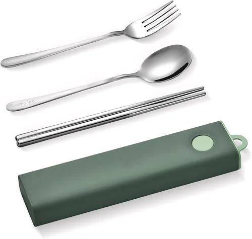 Miniatura 8 de Muka Juego de 3 utensilios portátiles personalizados, palillos de acero inoxidable, tenedor, cuchara de viaje con logotipo personalizado y nombre