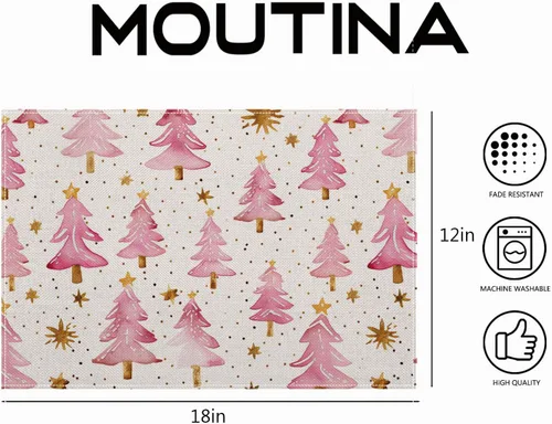 Miniatura 6 de Juego de 4 manteles individuales de Navidad de Moutina, 12 x 18 pulgadas, Árboles de Navidad rosados resistentes al calor, manteles individuales