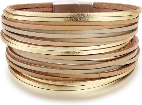 Miniatura 17 de Edoneery - Pulsera envolvente de cuero para mujer, brazalete de puño de múltiples capas hecho a mano estilo bohemio con cuentas de cristal