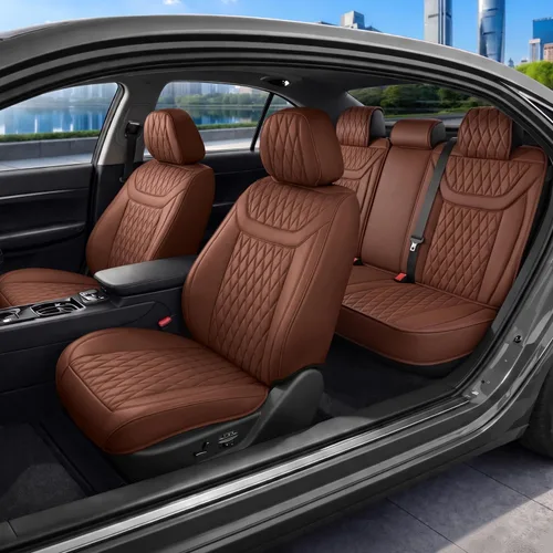 Miniatura 36 de MotorBox Haven Series - Fundas de asiento de piel de napa, para automóviles, edición Lux, fundas de asiento delantero con costuras de diamante