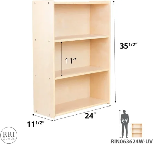 Miniatura 3 de Estantería de tres estantes para niños, 35.5 pulgadas de alto x 24 pulgadas de ancho x 11.5 pulgadas de profundidad, estantes resistentes de madera