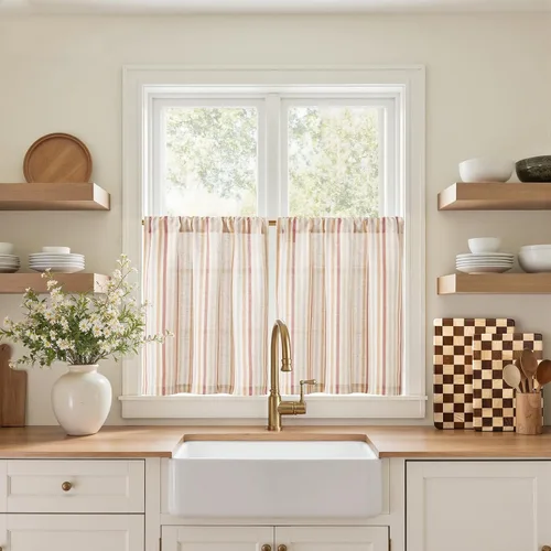 Miniatura 78 de jinchan - Cortinas de lino a rayas para cocina de 20 pulgadas de largo, cortinas de varios niveles, estilo granja moderna de café, tratamientos