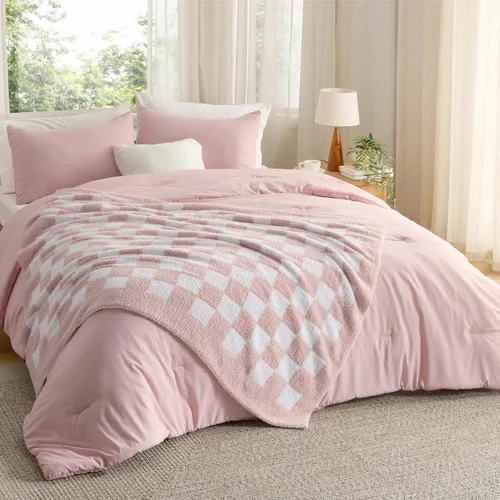 Miniatura 8 de Bedsure Juego de edredón individual con manta a cuadros para sofá, 3 piezas, 1 edredón beige tamaño individual, 1 funda de almohada, 1 manta a