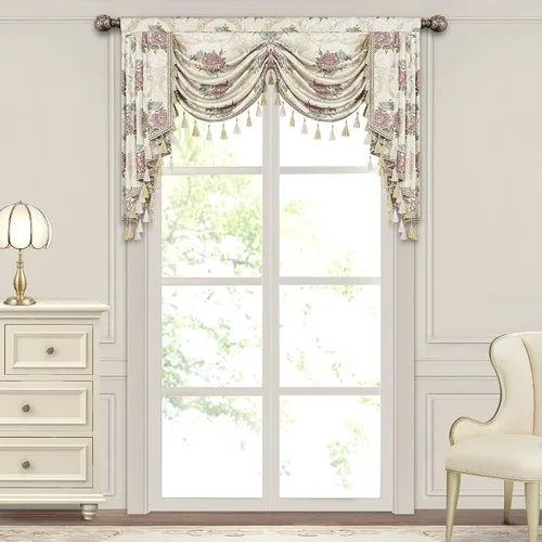 Miniatura 25 de Loom and Mill Cenefa de cascada de lujo de jacquard para sala de estar, elegantes cenefas de ventana con festones y cuentas damascadas, cortinas