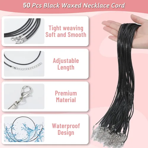 Miniatura 3 de Paxcoo 50 cordones de algodón encerado negro, cuerda de collar de 24 pulgadas con cierre, a granel para dijes, colgantes, pulseras, suministros