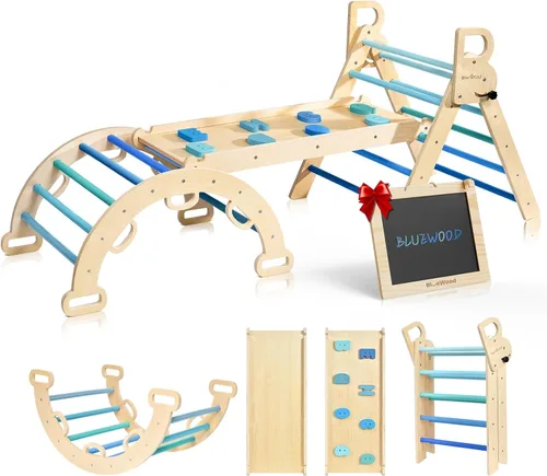 BlueWood Juego de Triángulo Pikler, 7 en 1 Plegable de Madera Juguetes de Escalada para Niños Pequeños Parque Infantil Interior Gimnasio de la Selva