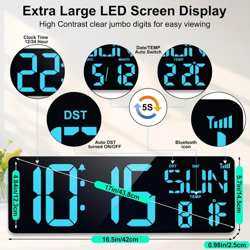 Miniatura 4 de XREXS Reloj de pared digital grande de 17.2 pulgadas, sincronización Bluetooth, relojes atómicos precisos con control remoto, reloj de abuelo