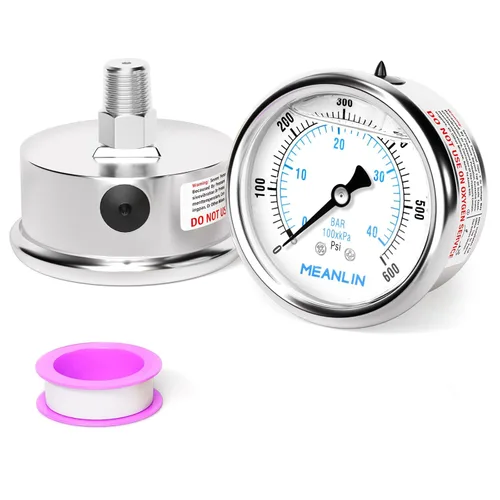 Miniatura 33 de MEANLIN MEASURE Medidor de presión de acero inoxidable relleno de líquido de 0 ~ 100 psi con junta de acero inoxidable 316, esfera de cara NPT