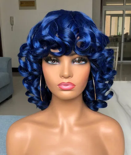 Miniatura 13 de Pelucas cortas y rizadas para mujeres negras, peluca rizada afro con flequillo, rizos sueltos, lindos rizos, pelo sintético para mujeres Negro