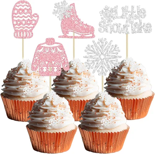 Miniatura 10 de 24 piezas de adornos para cupcakes de copo de nieve, copo de nieve azul con purpurina, adornos para cupcakes de invierno, adornos para pasteles