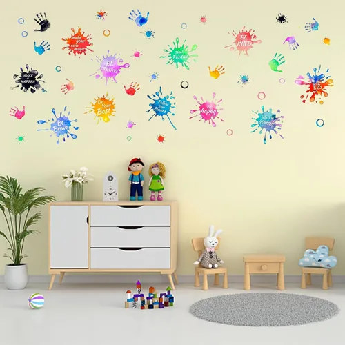Miniatura 6 de PLIGREAT 3 hojas coloridas de huellas de manos salpicadas de pintura, citas inspiradoras, calcomanías de pared extraíbles de vinilo para despegar