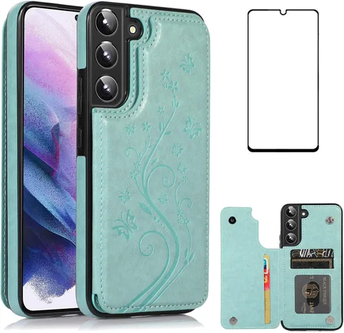 Miniatura 13 de Asuwish Glaxay S22 - Funda para Samsung Galaxy S22 5G con protector de pantalla de vidrio templado, soporte de cuero con tarjetero y doble cierre