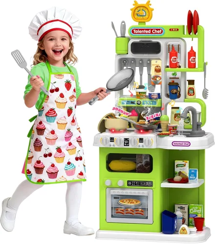 DRAMATION Juego de Cocina para Niños, Cocina de Juego de 36.22'' para Niños Pequeños de 1-3 con Vapor, Sonido y Luz, Estufa de Cocina, Fregadero de